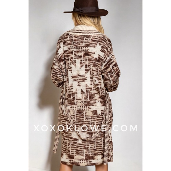 POL Beige + Brown Southwestern Patterned Mid Length Belted Cardigan - Picture 6 of 12